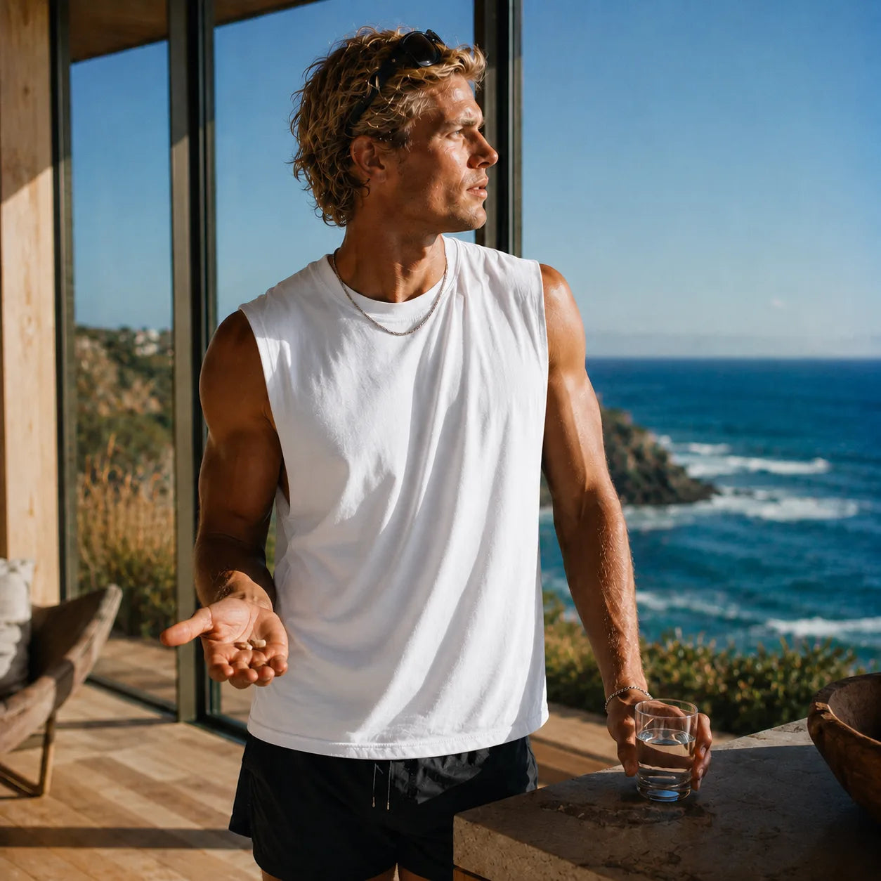 A man with capsules and a glass of water by the ocean — REYS daily routine