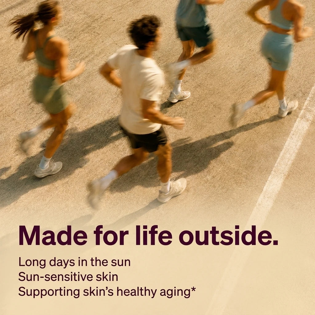 Runners training in hard morning sun: made for life outside: long days in the sun, sun-sensitive skin, supporting skin’s healthy aging