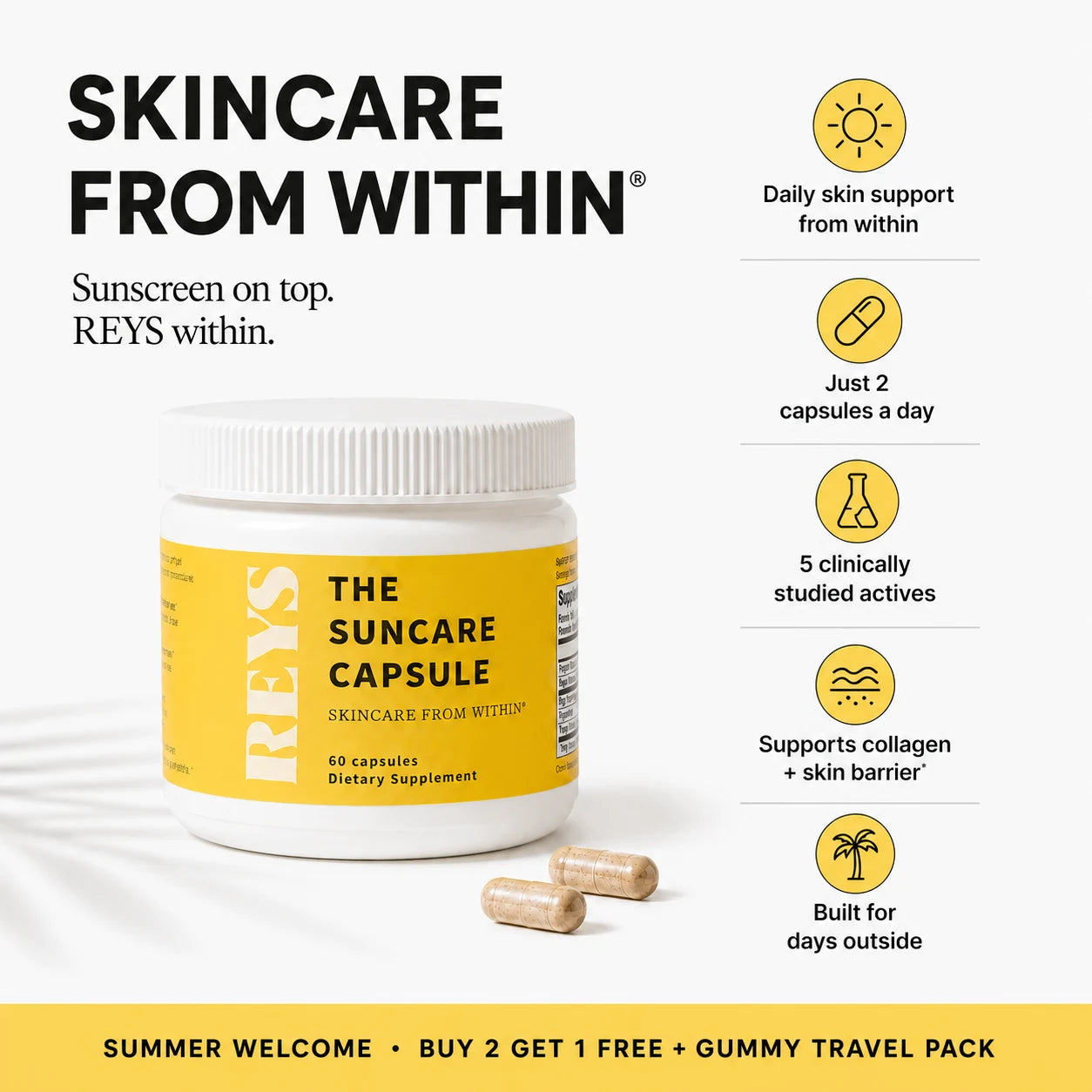 Skincare from within — sunscreen on top, REYS within. The Suncare Capsule jar with two capsules beside benefit icons: daily skin support from within, just 2 capsules a day, 5 clinically studied actives, supports collagen and skin barrier, built for days outside. Summer Welcome: Buy 2 Get 1 Free plus gummy travel pack