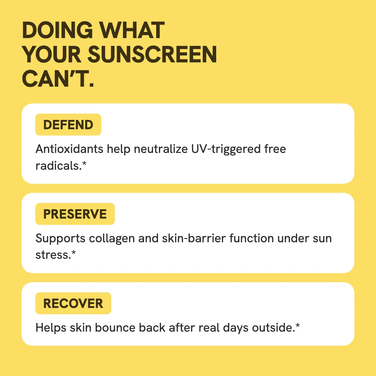 Doing what your sunscreen can’t — Defend: antioxidants help neutralize UV-triggered free radicals; Preserve: supports collagen and skin-barrier function under sun stress; Recover: helps skin bounce back after real days outside
